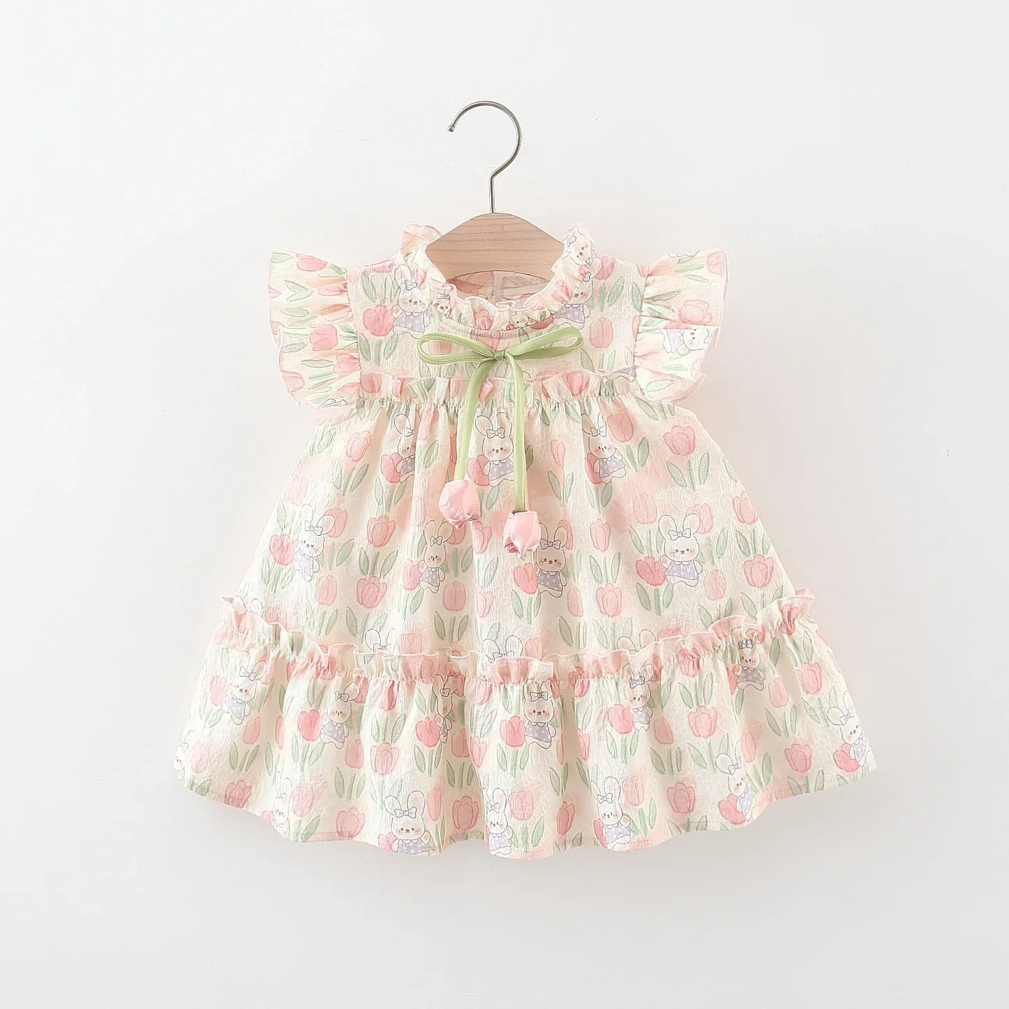 Summer Hardwear Girl Dress Tulip Cartoon Rabbit Print Small Flying Sleeves Flower Neck Bow Ribbon Tulip Flower Pattern