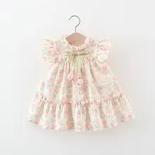 Verão hardwear menina vestido tulipa dos desenhos animados coelho impressão pequenas mangas voadoras flor pescoço arco fita tulipa flor padrão