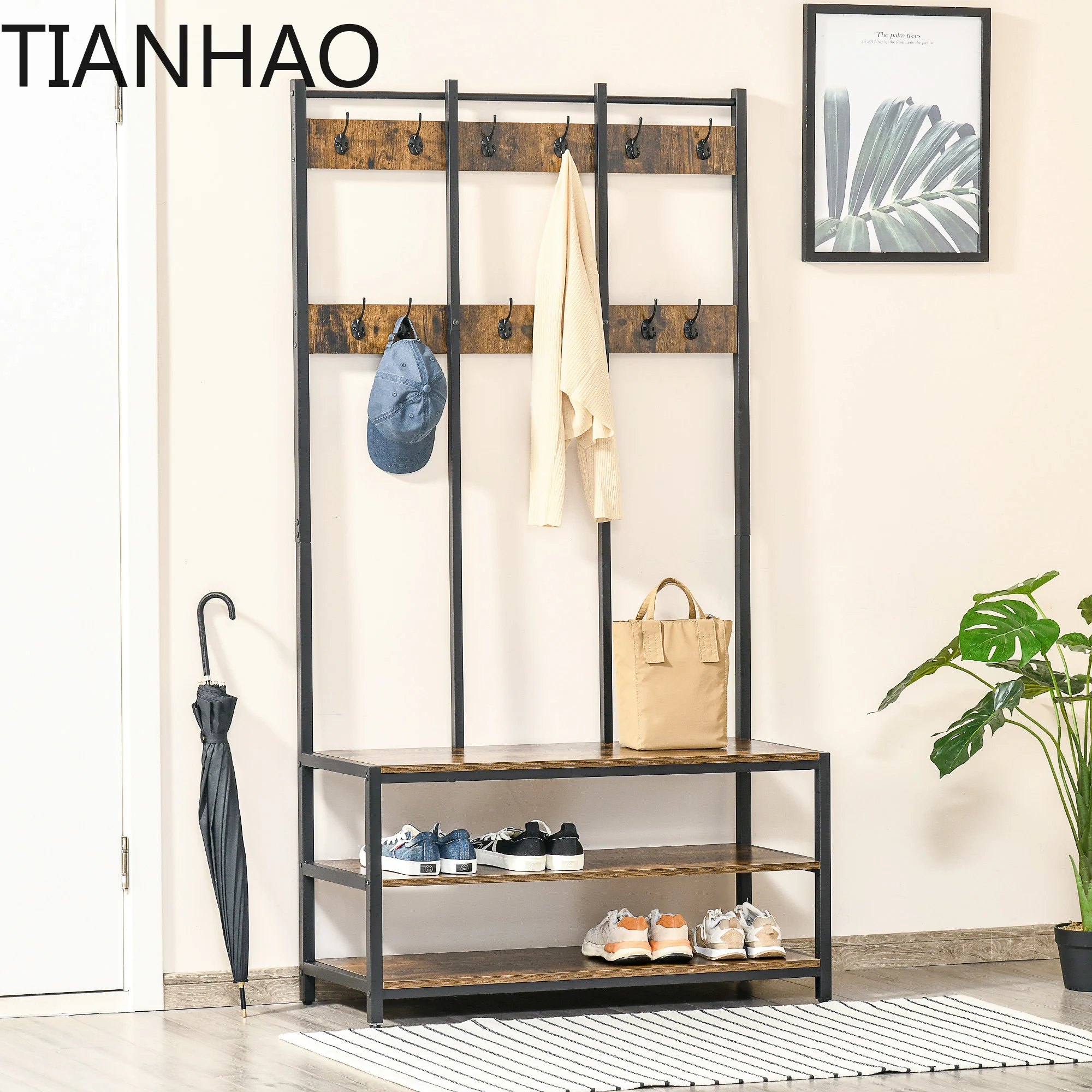 HOMCOM Entryway Coat Rack Hall Tree Shoe Bench 3 in 1 Design Metal Storage Rack