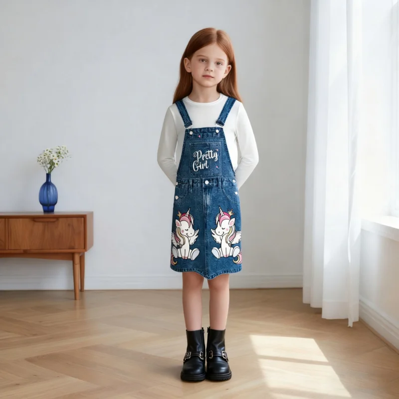 

Girls' 2025 Fake Two-Piece Unicorn Print Fashion Imitation Denim Dress
