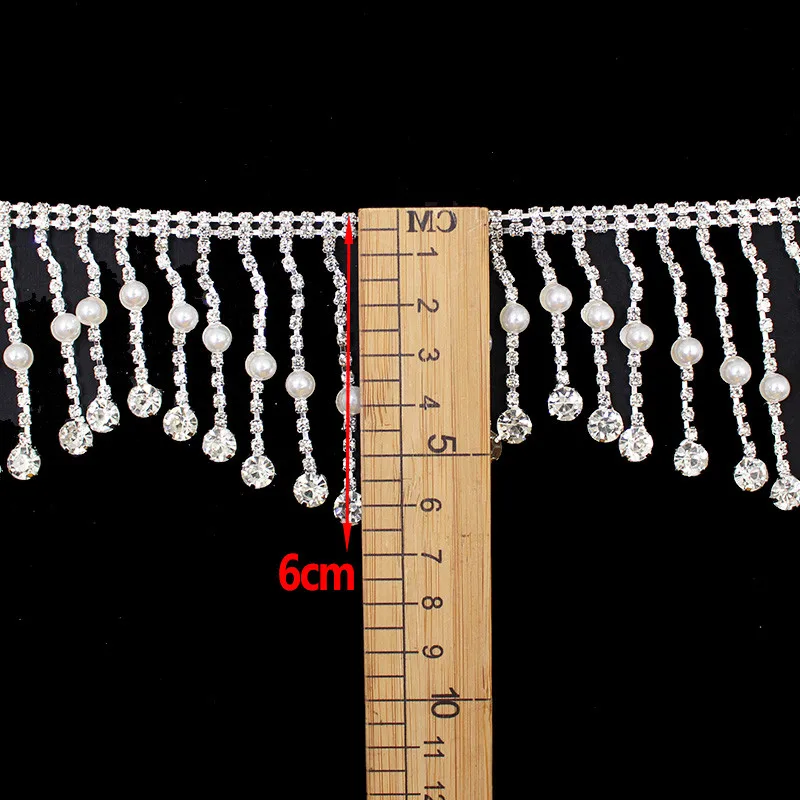 1Yard Wave AB Rhinestone perła wisiorek Tassel koralik pazur łańcuch wykończenia gumowa koronka na szycie, wesele pokrowiec na sukienkę Cap buty