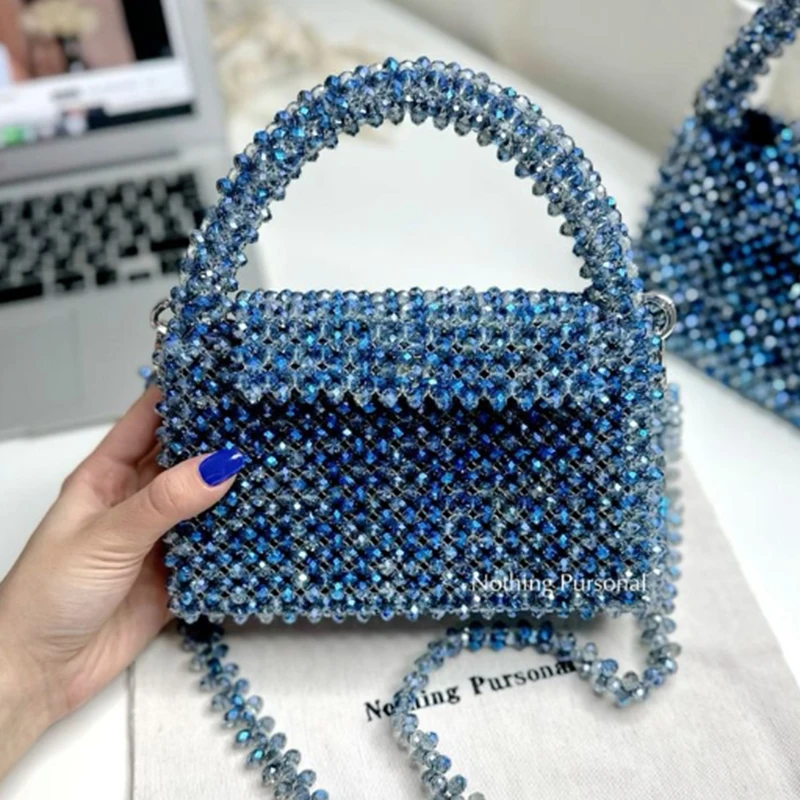 Handmade frisada tecelagem cadeia crossbody saco para as mulheres, cristal azul brilhante, alto luxo celebridade jantar bolsa, novo