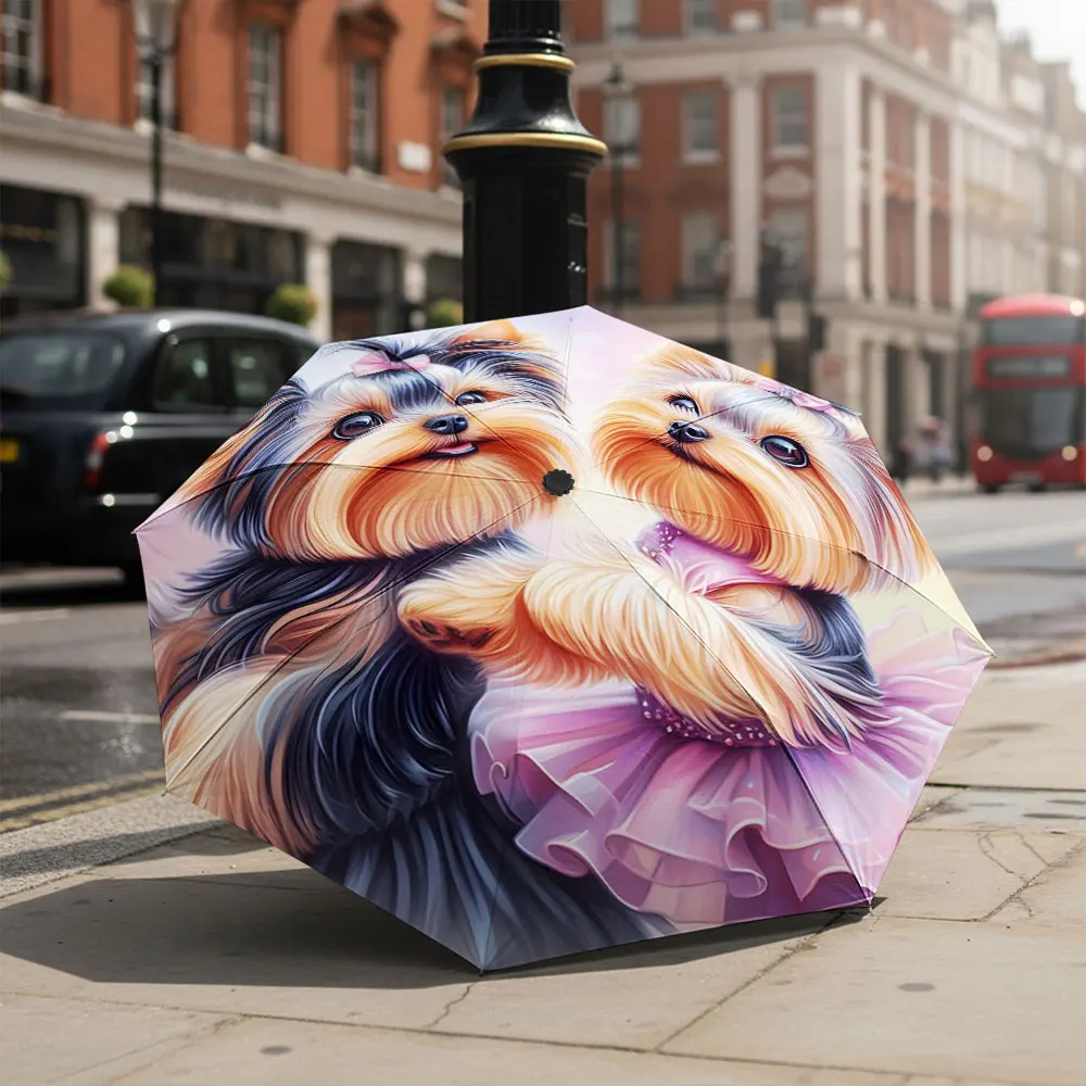 1P C Cute Dog Design Umbrella in Elegant Setting Print 8 Iron Ribs Folding Umbrella Auto-Open Fashion Sunshade