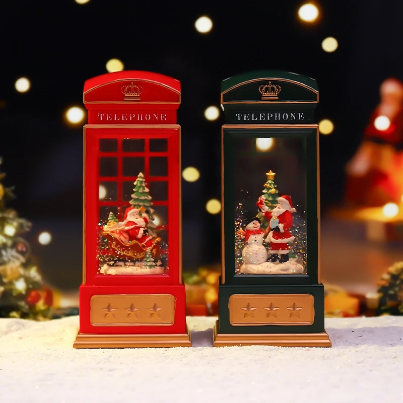 Christmas Phone Booth Night Light Santa Sleigh Snow Globe Music Box Table Decor Home Display Holiday Gift For Kids Couples Cozy