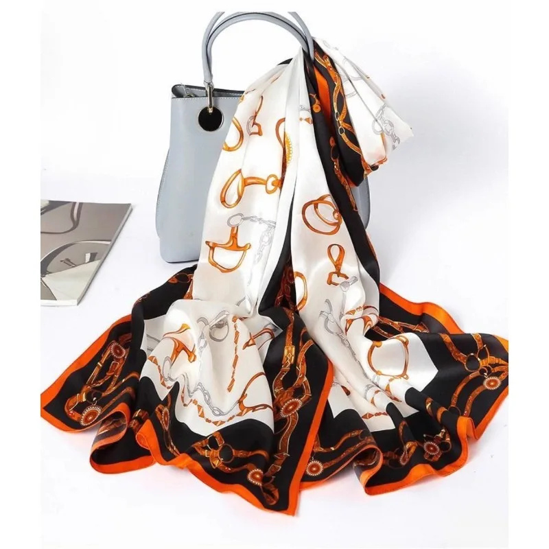 

100% Mulberry Silk Long Scarf for Women Oblong Shawls for Headscarf Neck- Oblong Hair Wraps Gift Packed Red Orange Chain Print