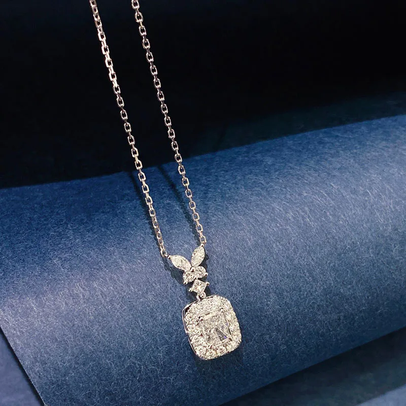 Radiant Cut IGI Lab Grown Diamond Pendant Necklace 0.5ct DEF VS-VVS Platinum950 Halo Butterfly Top Diamond Wedding Fine Necklace