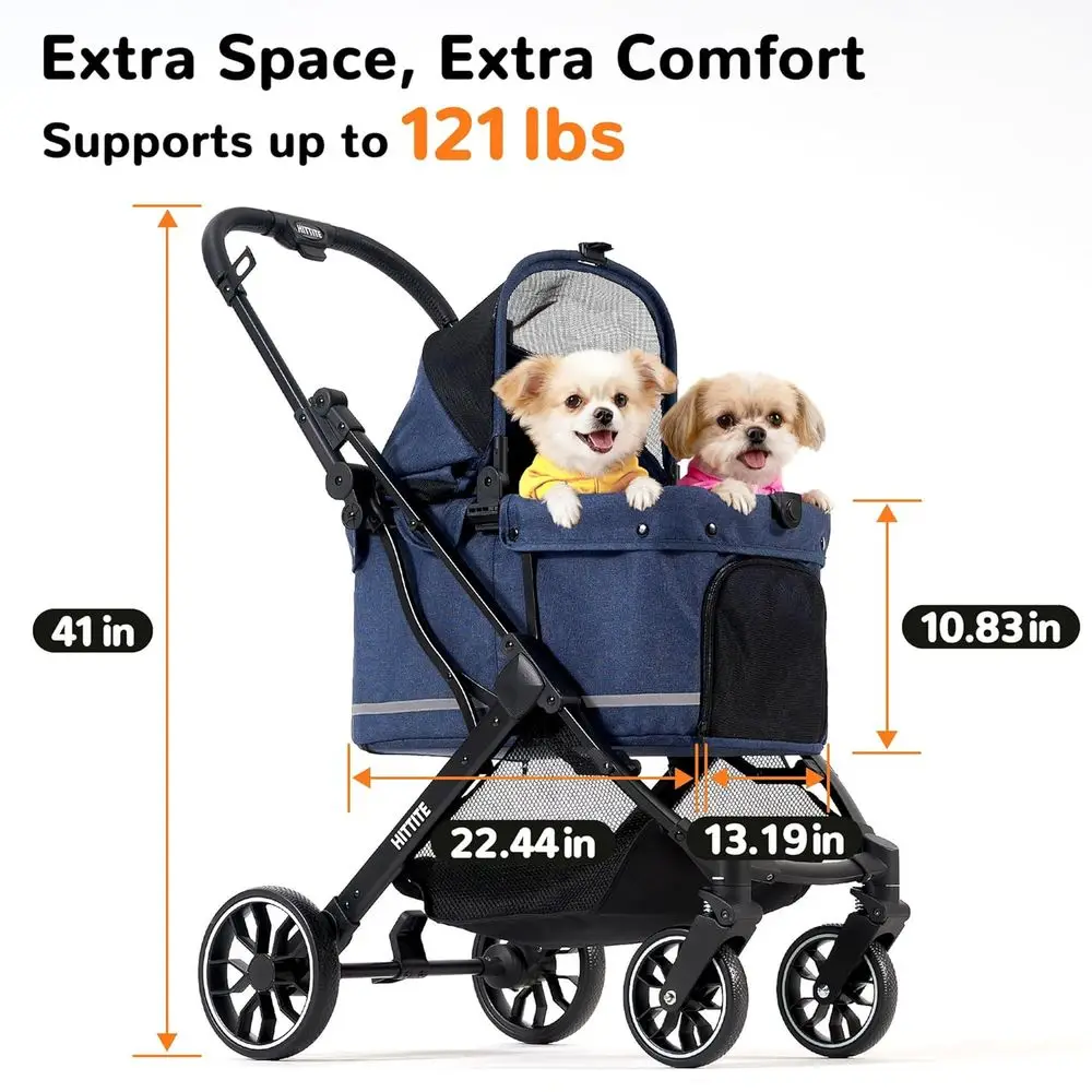 Carrinho com capa à prova de intempéries, carrinho todo-o-terreno de 4 rodas para cães e gatos com dossel ajustável, carrinhos dobráveis para cães com sto