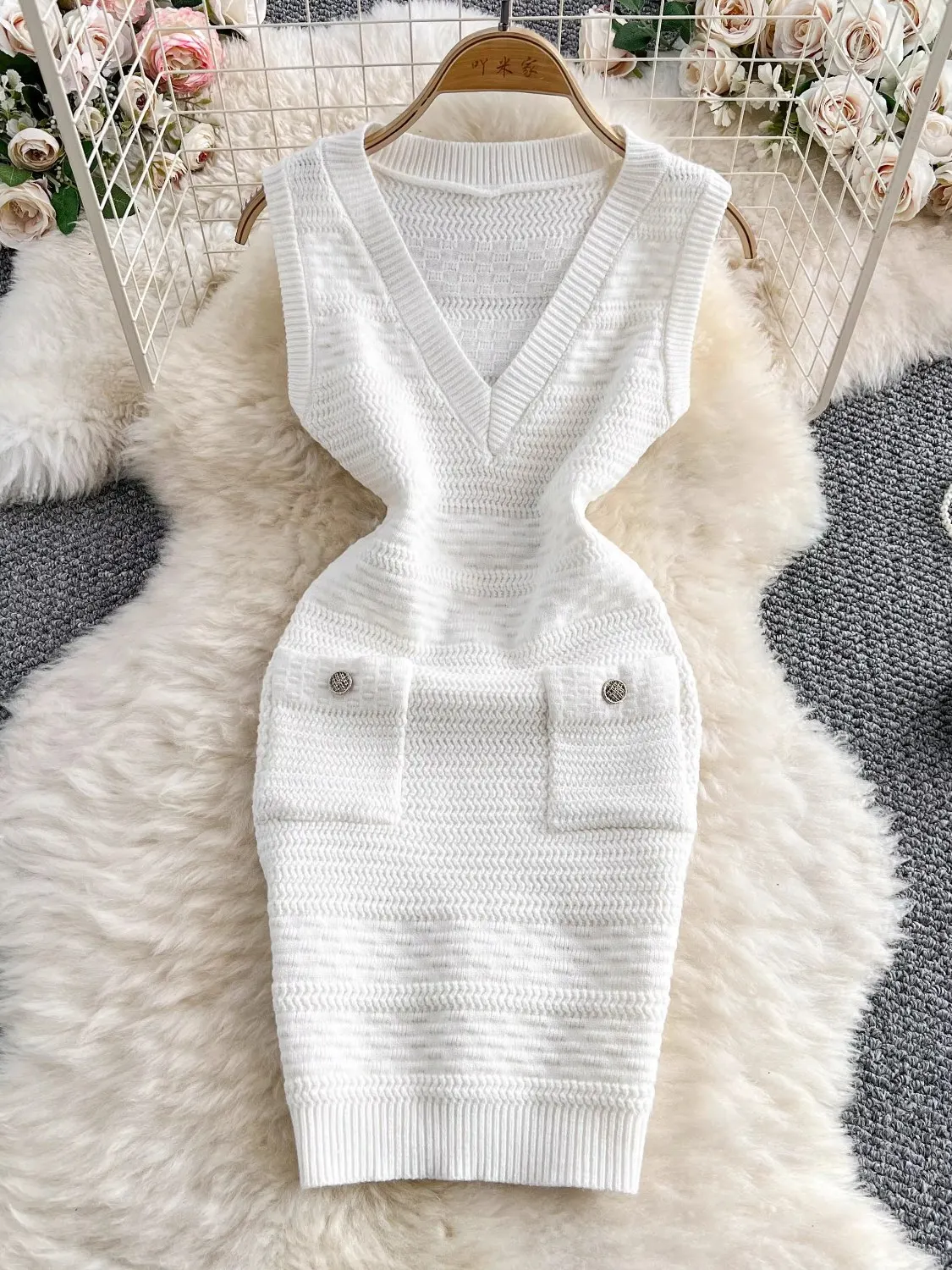 Foamlina chique vintage elegante com decote em v verão vestido de malha saia para mulheres apertado magro elegante chique vestidos de malha casual escritório