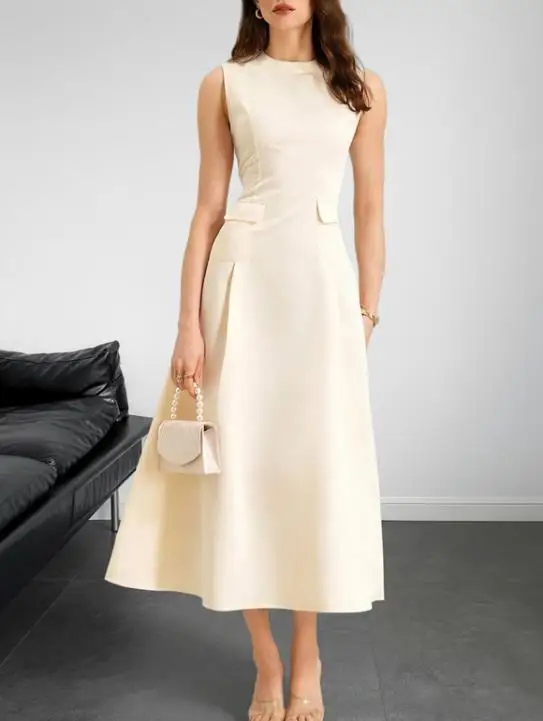 

Summer New Solid Color Round Neck Sleeveless Slim Fit A-Line Dress for Women, Fashionable and Elegant Sleeveless Party Dress