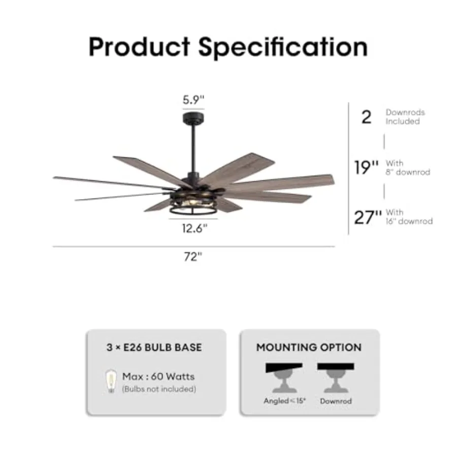 72 inch Large Ceiling Fans with Lights and Remote for Living Room Patios, Black Modern DC Motor Fan, 6 Speed Reversible Quiet O