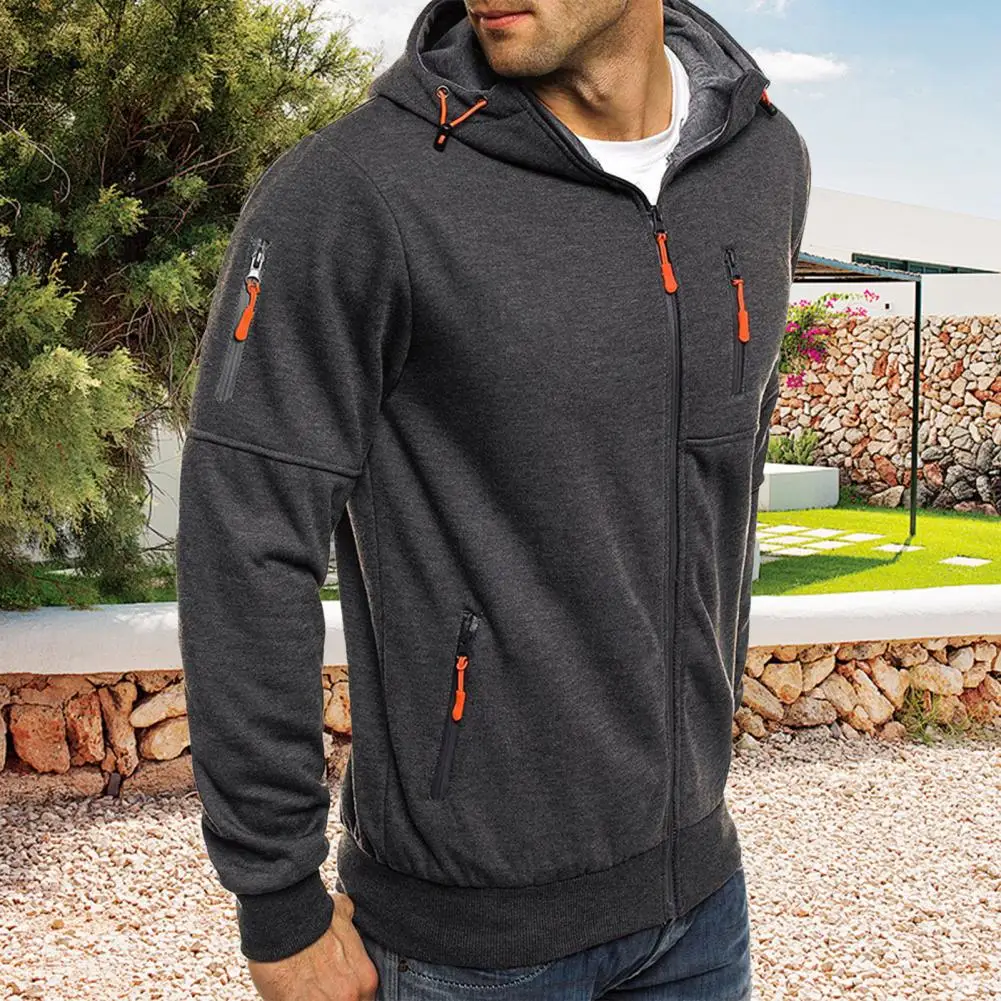 Men Coat Men's Zip-up Hoodie with Zipper Pockets for Spring Fall Workouts Stylish Cardigan Jacket with Elastic Cuffs Hem