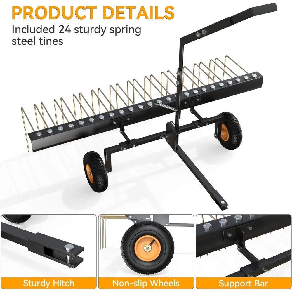 60 Pine Needle Rake Tow Behind, Lawn Tractor Straw Rake Fit for ATV, 24 Tines, Black&Gold