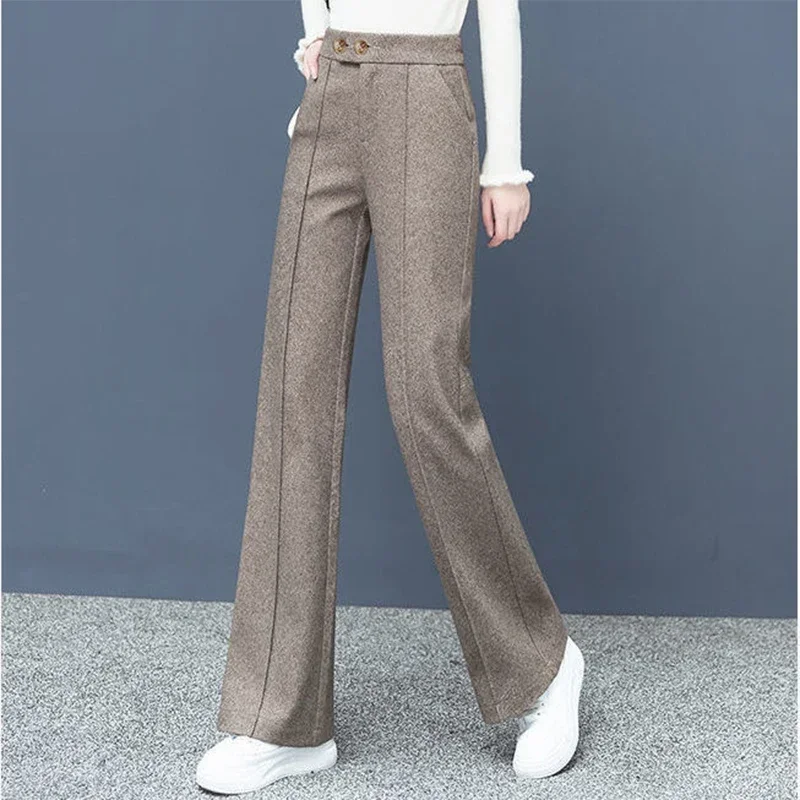 Thick Wool Blend Straight Pants Korean style Woolen Wide Leg Pants Womens Winter Casual New High Waist Loose Trousers