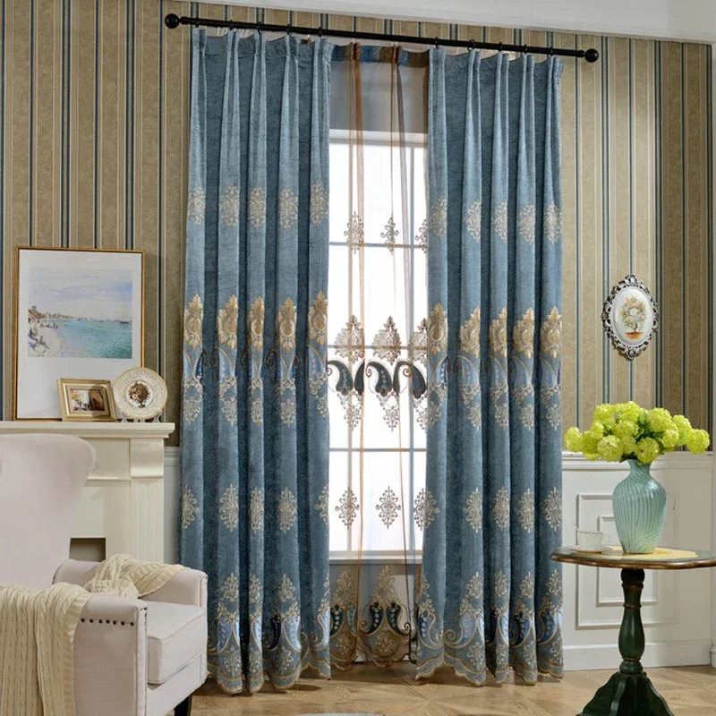 Luxury Curtains Tulle for Living Room European Blue Chenille Embroidery Velvet Curtains Tulle Bedroom Decorate Panel Window