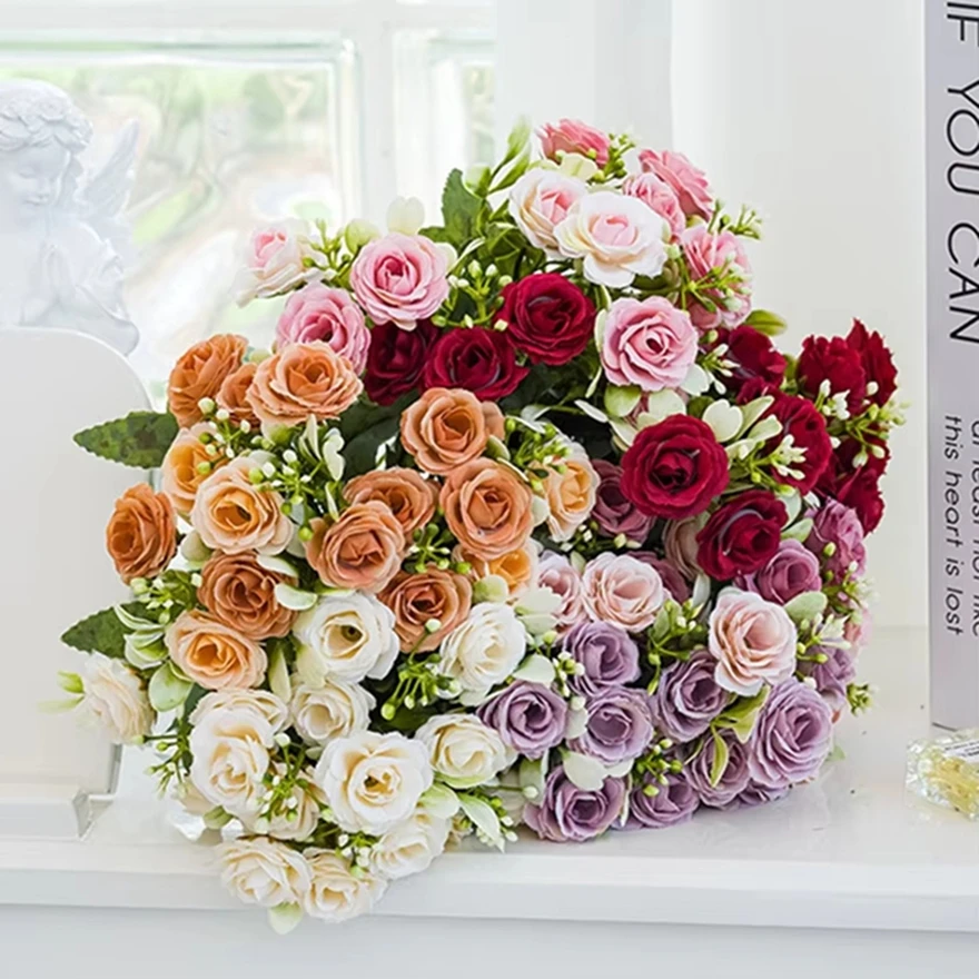 

6Pcs 15 Heads Silk Roses Wedding Bridal Bouquet Christmas Wreaths DIY Colorful Decorative Prop Home Scrapbook Artificial Flowers