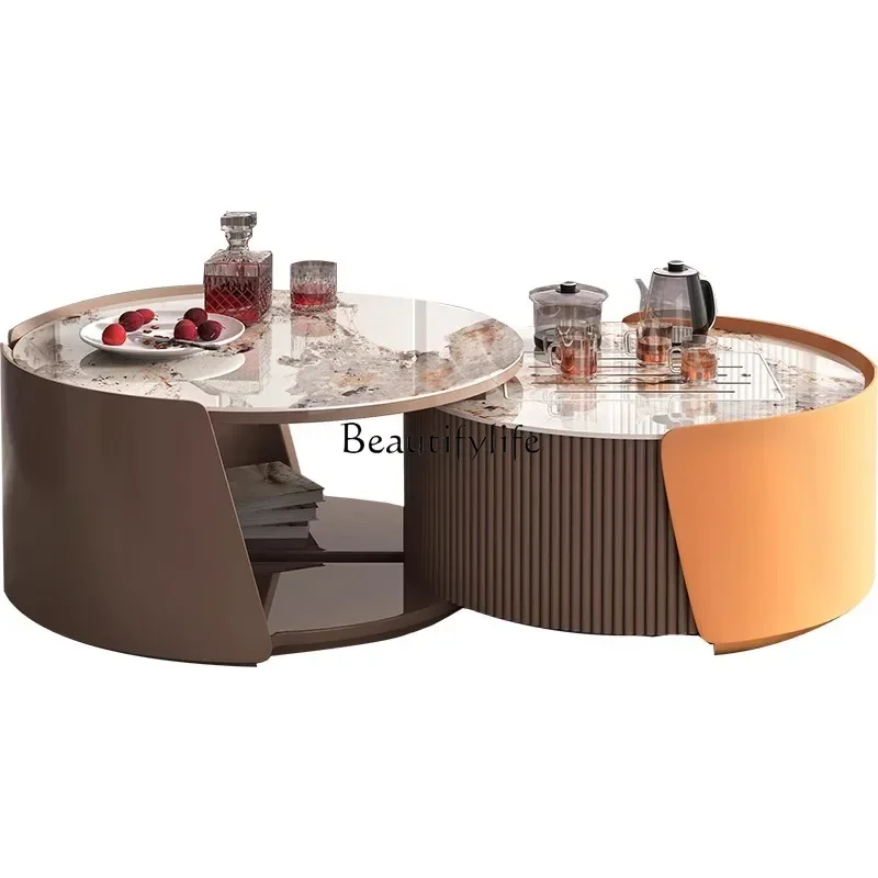 

ls 42Kung Fu coffee table tea table integrated light luxury modern high-end telescopic rock slab solid wood round