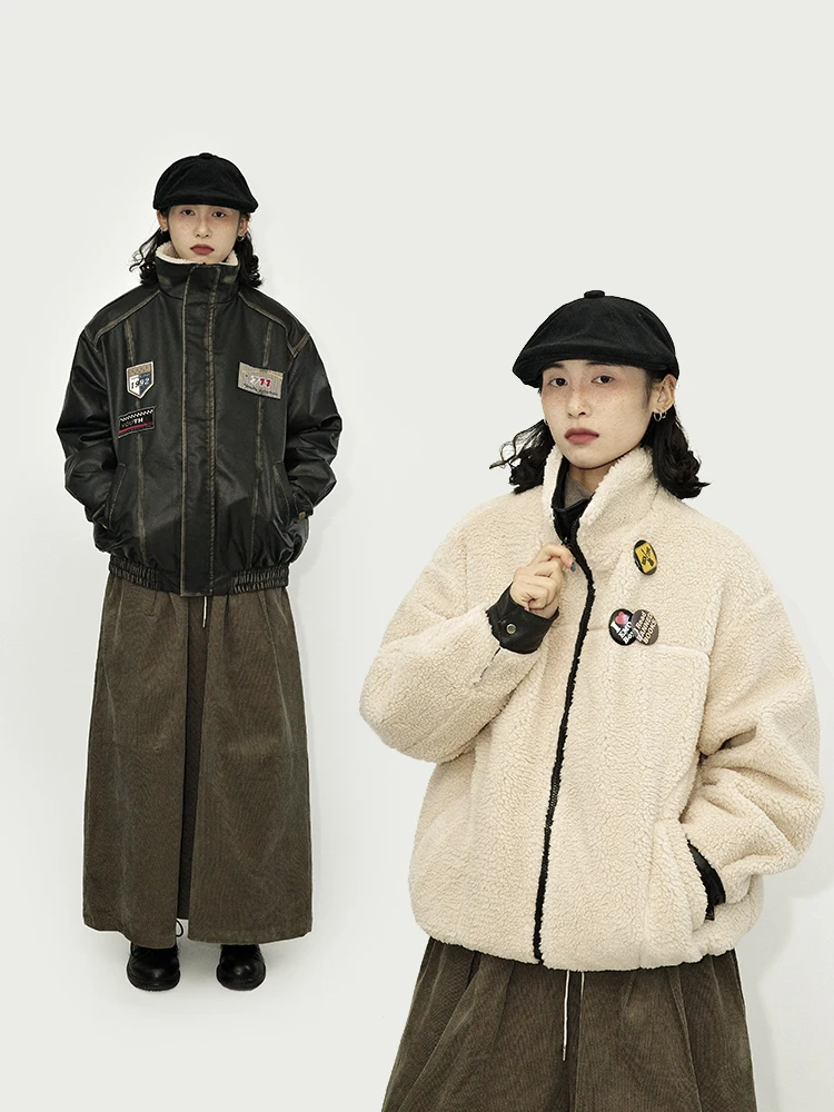 

Guluwo Winter Vintage Japanese Style Lamb Fur Patched Biker Jacket Double-Sided Wear Cotton Coat Street Loose Fit Zipper Closure