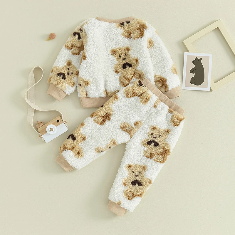 Infant Toddler Baby Boy Girl Long Sleeve Fleece Sweater Teddy Bear Pullover Fluffy Pants Set 2pcs Winter Clothes