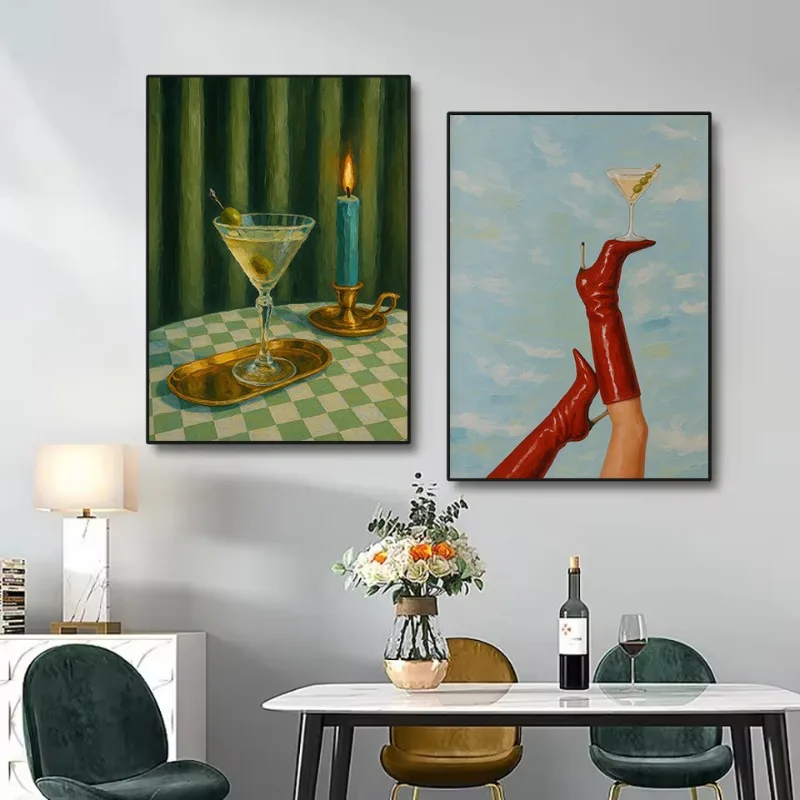 Retro High Heels and Cocktail Martini Alcohol Card Game Aesthetics Poster Canvas Painting Wall Art Pictures Home Bar Decor