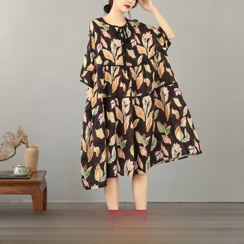 

Summer New plus Size Cotton Linen Print V-Neck Loose Slimming Versatile Dress Thin Version Artistic Style High Waist A-Line S...