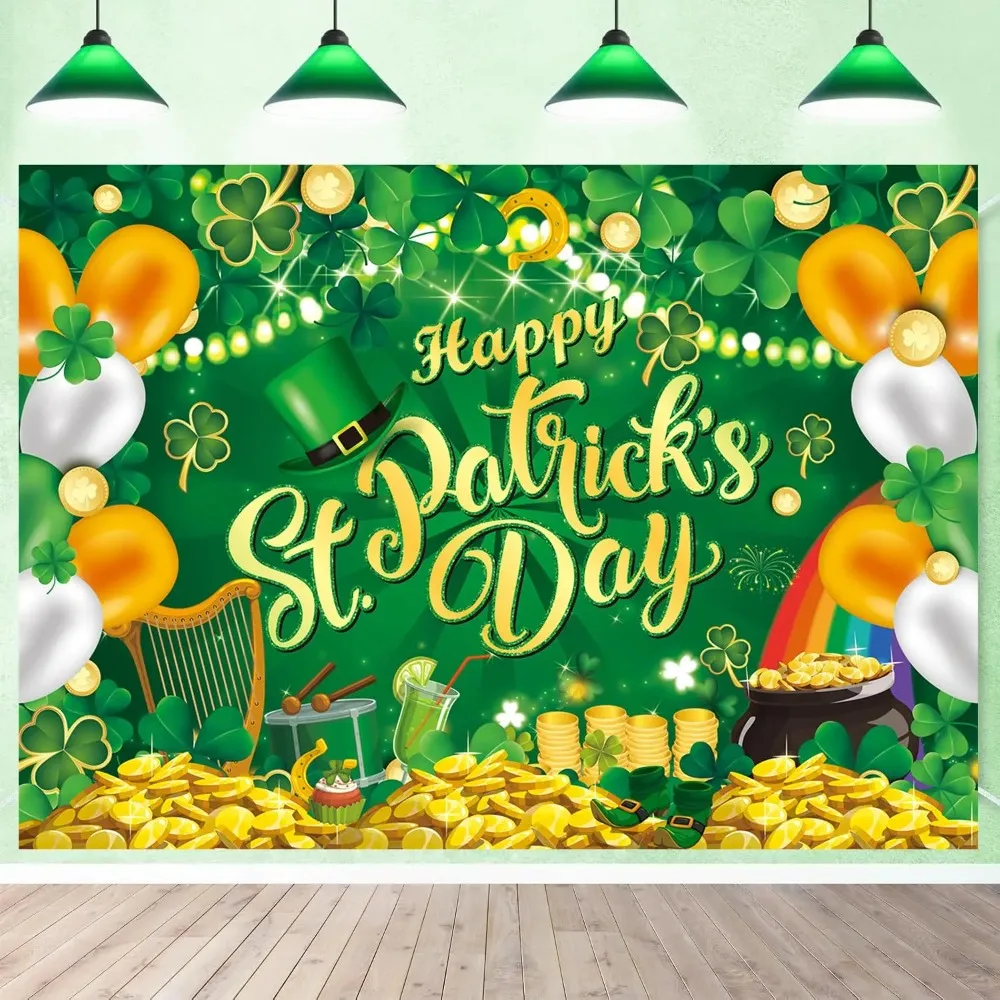 

St. Patrick's Day Lucky Green Clover Photography Background, Rainbow Coins St. Patrick's Day Party Banner Photography Background