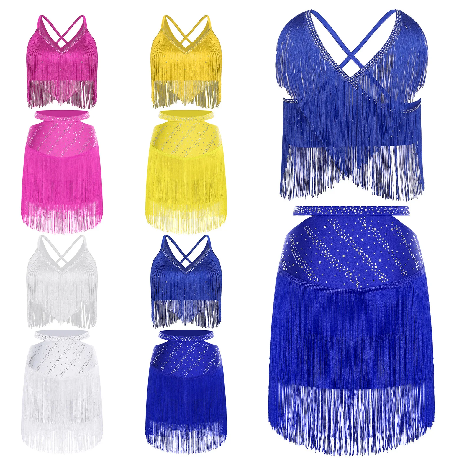 ملابس النساء اللاتينية التانغو شرابة أداء الرقص بلا أكمام هامش المحاصيل الأعلى وتنورة حزام مطاط لملابس الرقص تشا تشا #5