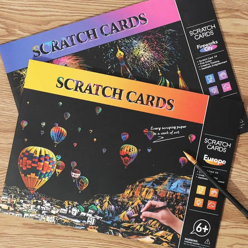 Scratch Painting Kit 4 Sheets Rainbow Engraving Painting Landscape Scratchboard Engraving Art Set For Adults And Kids A4 Scratch