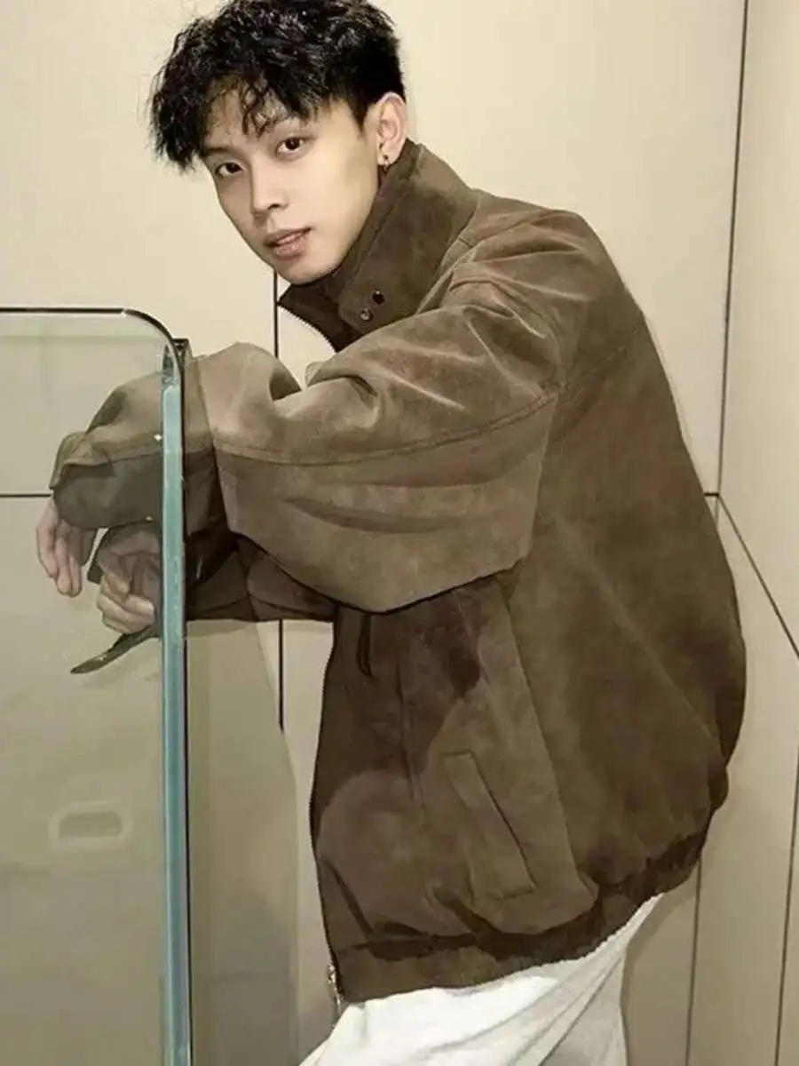 

Мужская верхняя одежда из искусственной кожи с воротником-стойкой в стиле ретро в американском стиле, матовая байкерская одежда, весенне-осенняя рабочая одежда, кожаная...