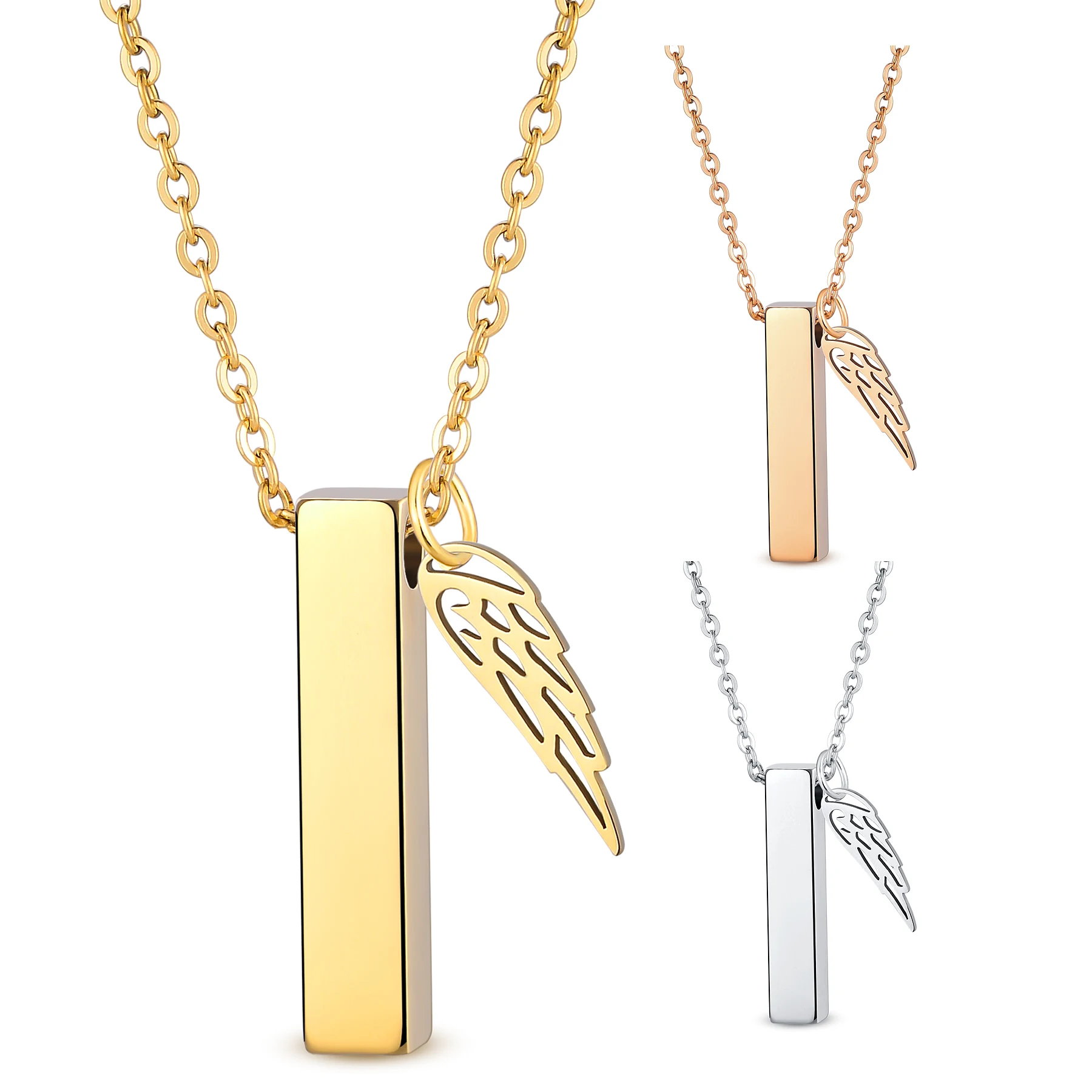Customized 4 sides Engraved Stainless Steel Cremation Urn Pendants Angel Wing Urn Locket Necklace Ashes Holder Memory Jewelry