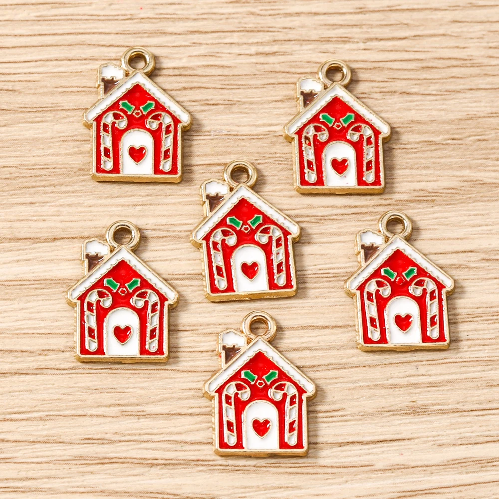 Tusember 10pcs Enamel Christmas Gingerbread House Charms for Christmas Necklaces Earrings Bracelets Pendant Craft