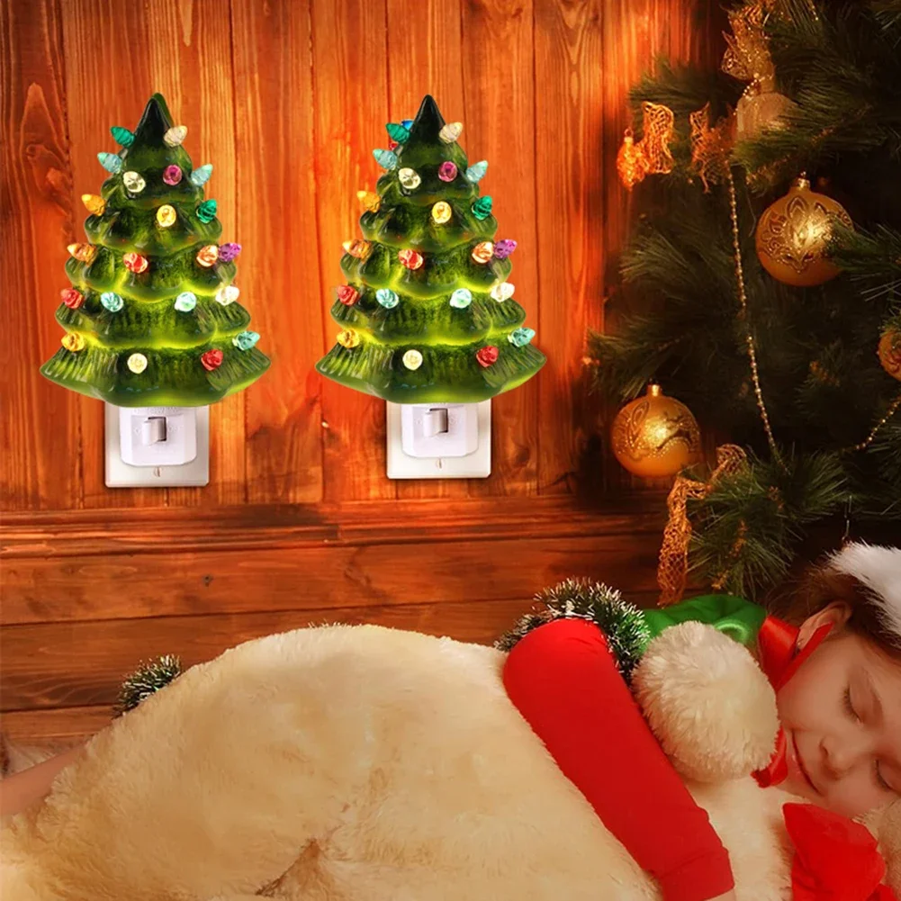 Resinous Christmas Tree Night Light Two Colours Ceramic Christmas Tree Bedside Lamp Mini Christmas Tree Bedside Lamp