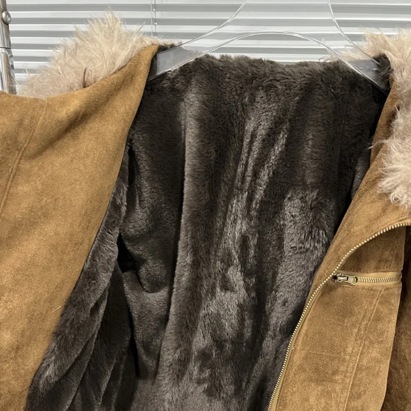 HKSH Jesień Zima Nowa Damska Ciepła Kurtka z Kapturem, Kołnierzem ze Sztucznego Futra, Zapinana na Zamek, Modna, Uniwersalna, Retro, Elegancka, Szykowna, Gruba Kurtka HK17027