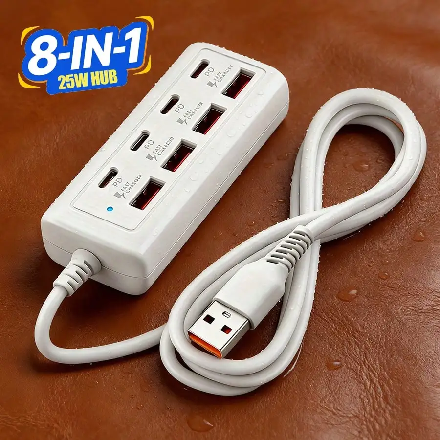 8 Ports USB Charging Station 4 USB+4 Type-C PD 25W Fast Charger Compact Multi-port Hub Adapter For Laptop Phone Tablet