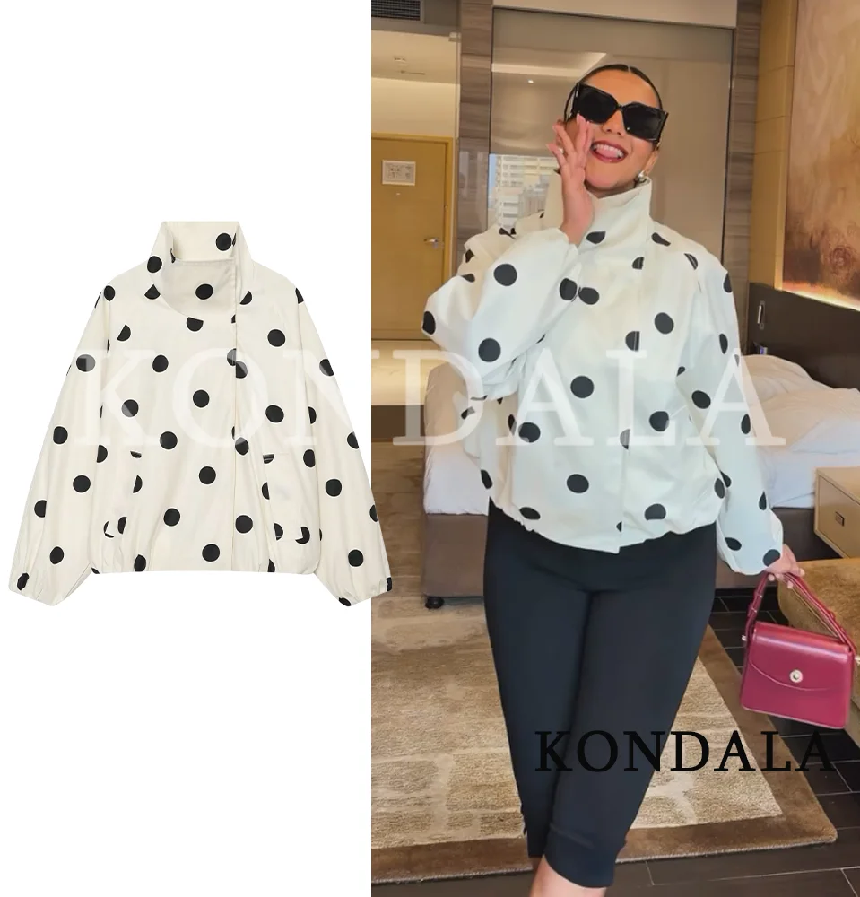 KONDALA Women Elegant Casual Big Wave Point Jacket 2026 Trendy High Street Chic Stand-up Jacket Female Spring Fall Loose Jacket