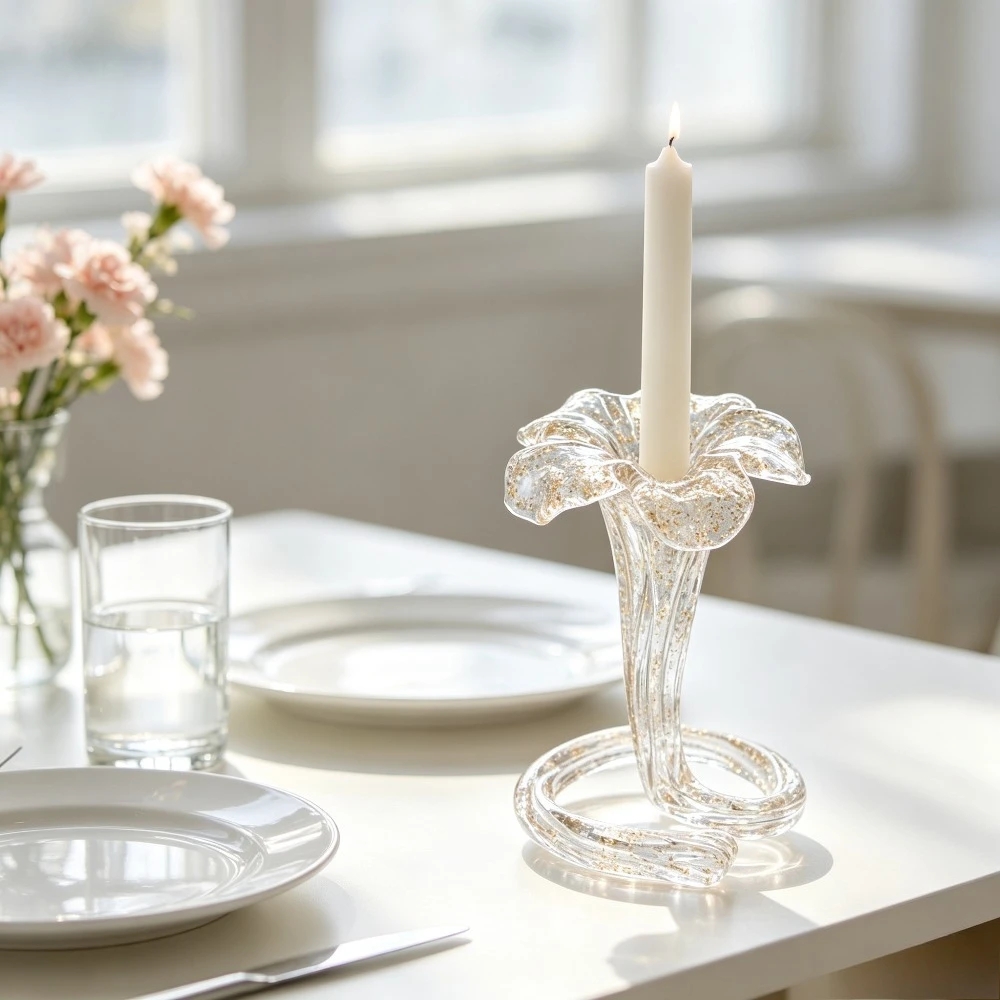 Flower Shaped Hand Blown Glass Candle Holder Creative Art Glass Candlestick for Taper Candles Home Tabletop Wedding Decor