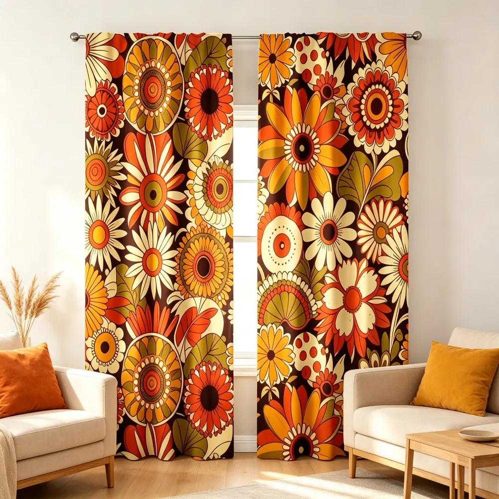 2PCS Retro 70s Orange Brown Floral Print Curtains, Bedroom Living Room Window Drapes, Rod Pocket Polyester, Home Decor