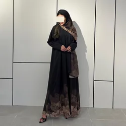 Muzułmańskie kobiety Nadruk Abaya z szalikiem 2-częściowy zestaw Eid Abayas Cardigan Casual Long Robe Kaftan Party Ramadan Modest Caftan 2025