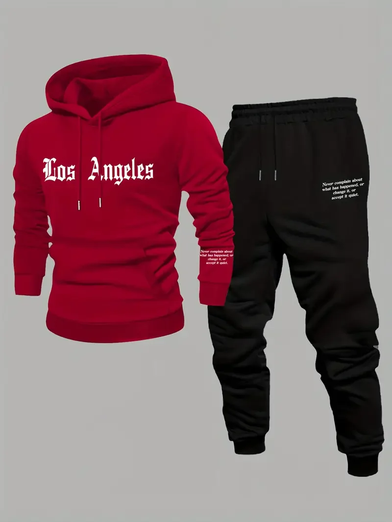 Men's Fall/Winter Sporty Casual Set - Trendy American Streetwear Multi-Purpose Print Sweatshirt & Pants Full Set