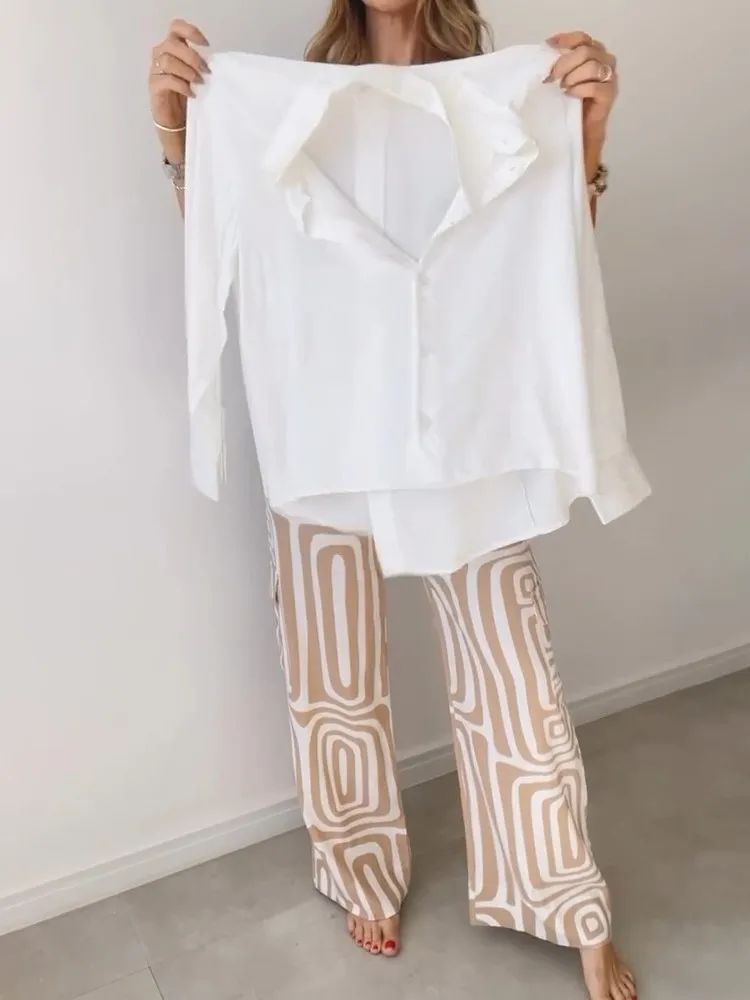 Elegant Office Lady Pants Sets Women Fashion Print Two-piece Set Casual Long Sleeve White Shirt Wide-leg Pants Suit Female