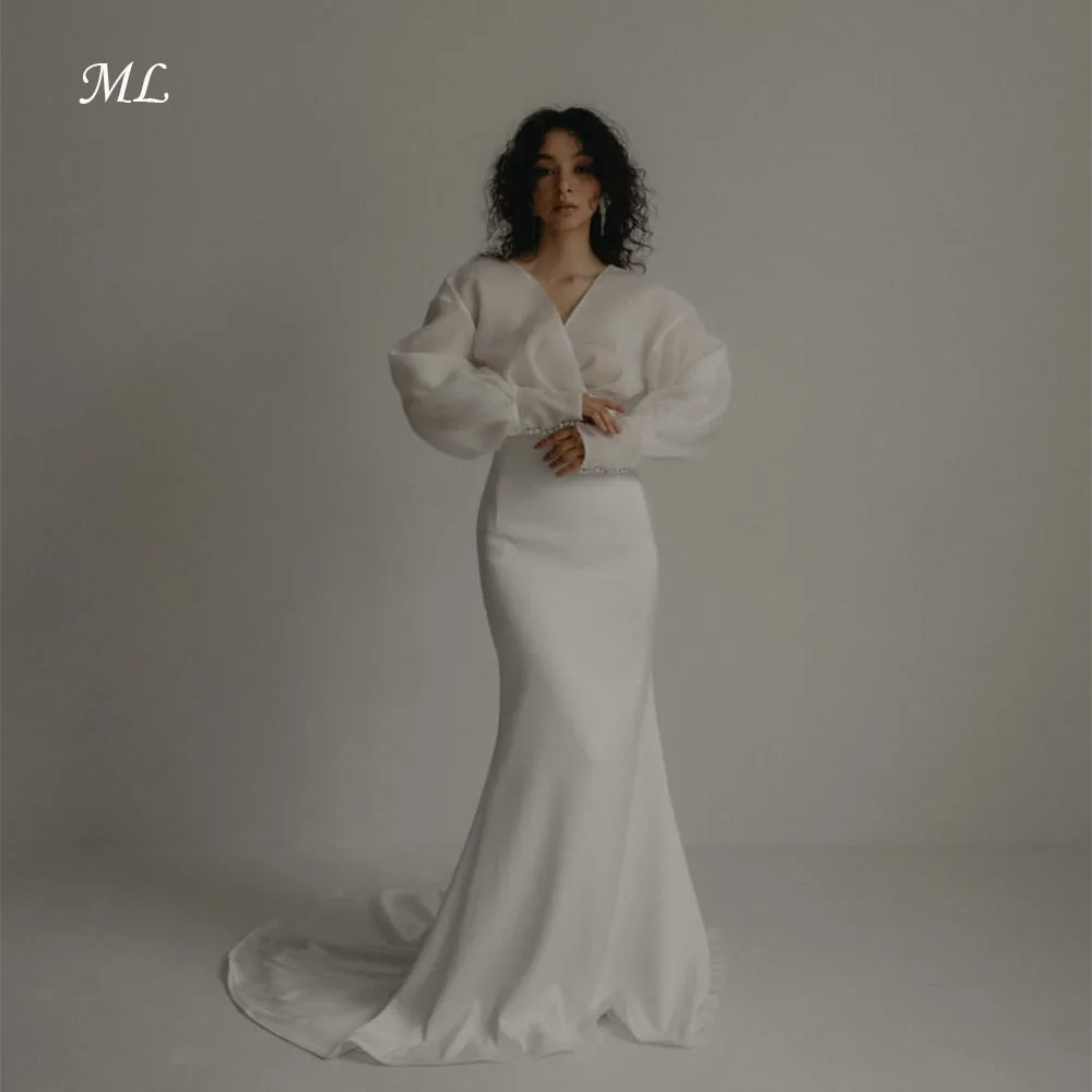 

ML Fashion Mermaid Wedding Party Dress V-Neck Full Sleeves Sweep Train Photo shoot Evening Gown for Bride Customized 2026 New