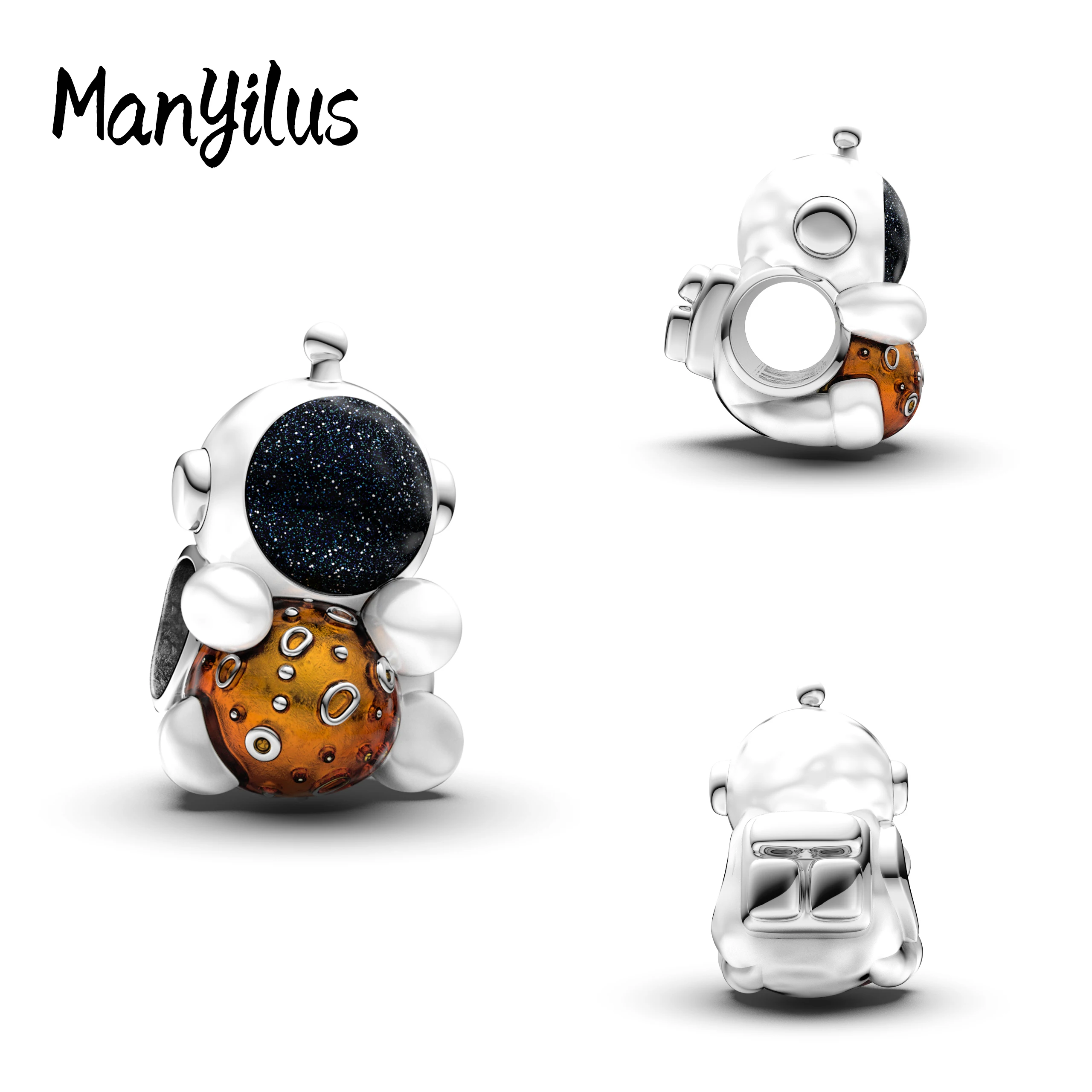 Manyilus 925 Sterling Silver Astronaut Moon Charms, Galaxy Space Pendant for Original Bracelet Necklace Fine DIY Jewelry Gift