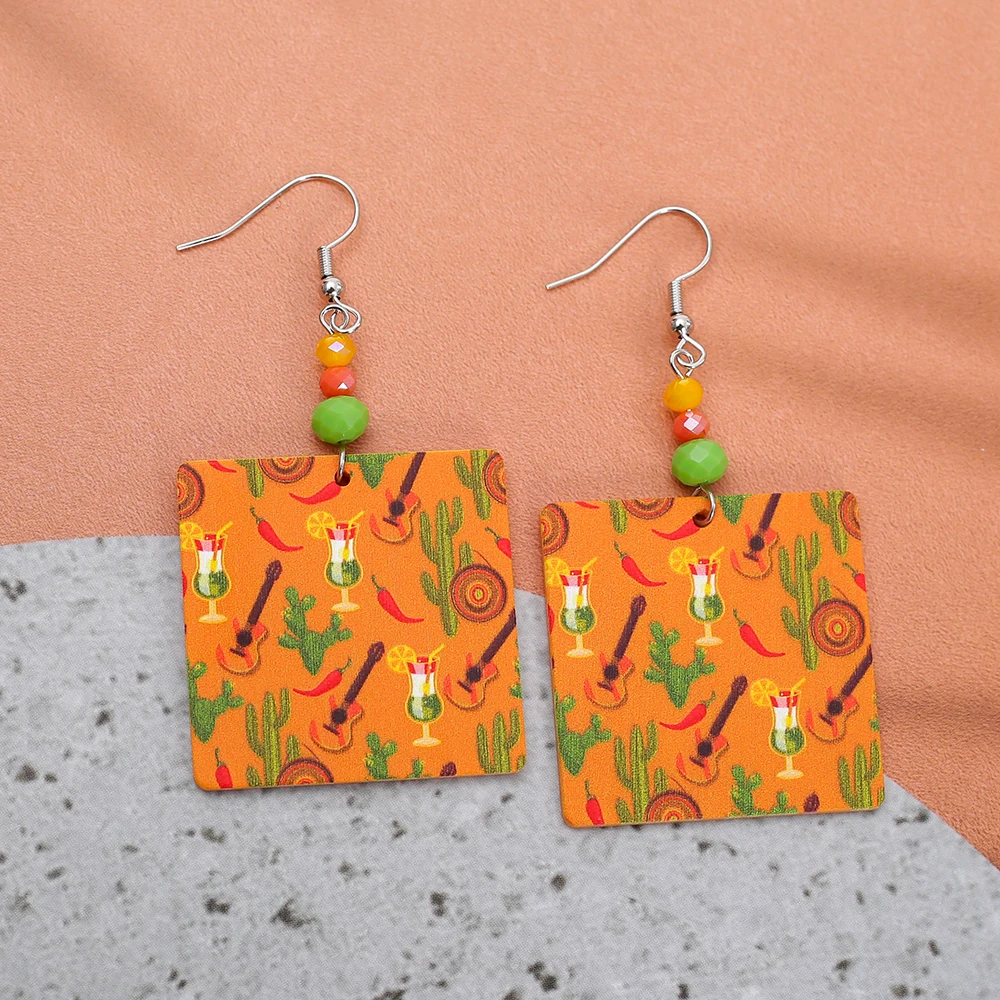 Fashion New Casual Party Accessories Green Orange Style Guitar Cocktail Pattern Acrylic Earrings For Women Elegant Girls Jewelry