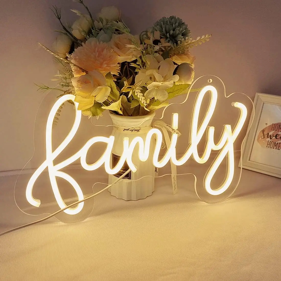 Family Home Neon Sign Sweet Home  Modern Farmhouse Bedroom Living Room Sign Happy Family USB Warm White LED Light Wall Decor