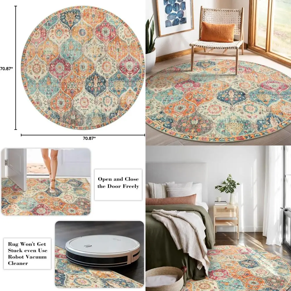 

Moroccan Trellis Washable Round Area Rug, Soft Round Rugs 6ft Ultra-Thin Non-Slip, Vintage Large Circle Carpet for Bedroom Livin