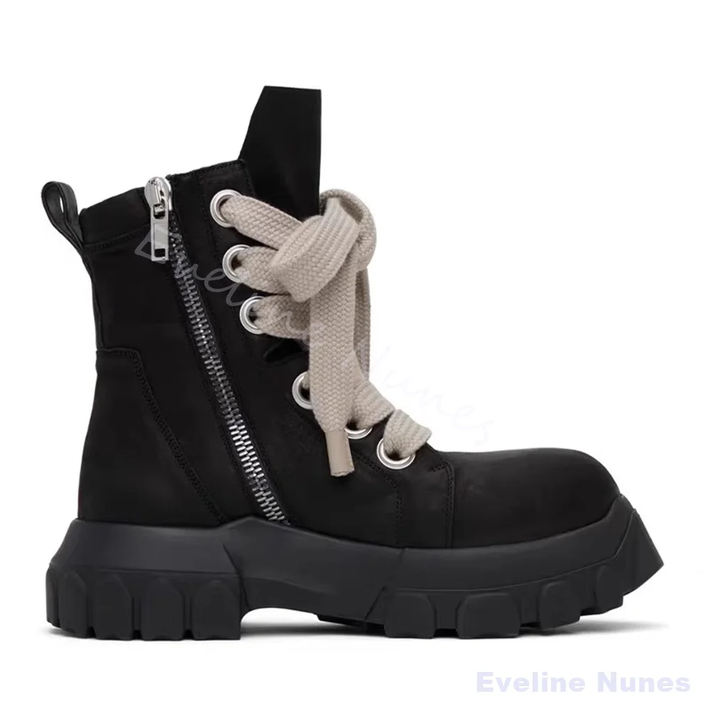 Black Matte Leather Platform Combat Boots Men Super Thick Wide Laces Side Zipper Ankle Boots Streetwear Dark Gothic Short Boots