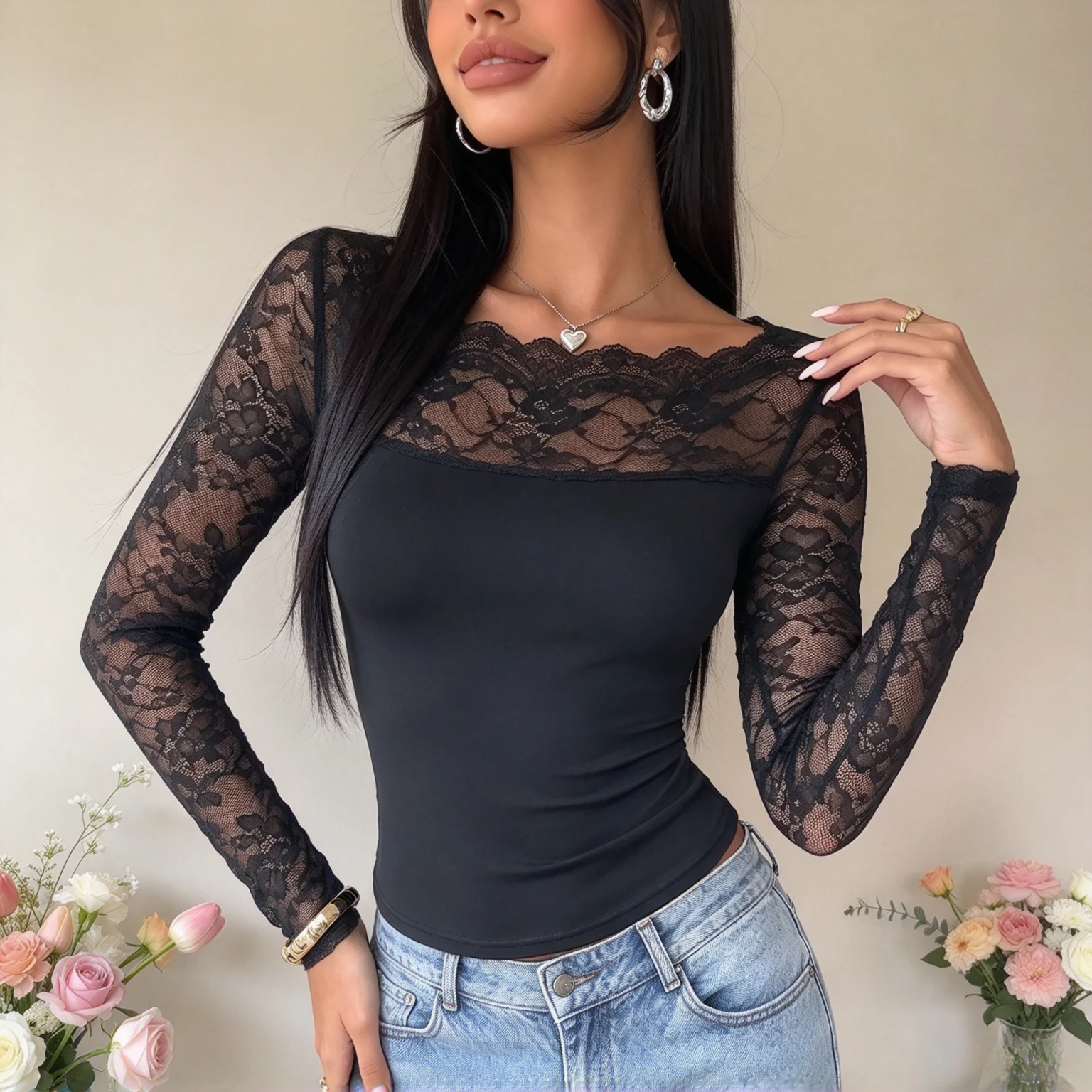 2026 Autumn Women Boat Neck Lace Patchwork Long Sleeve T-shirt Sexy Slim Fit Elegant Y2K Chic Party Daily Versatile Basic Top