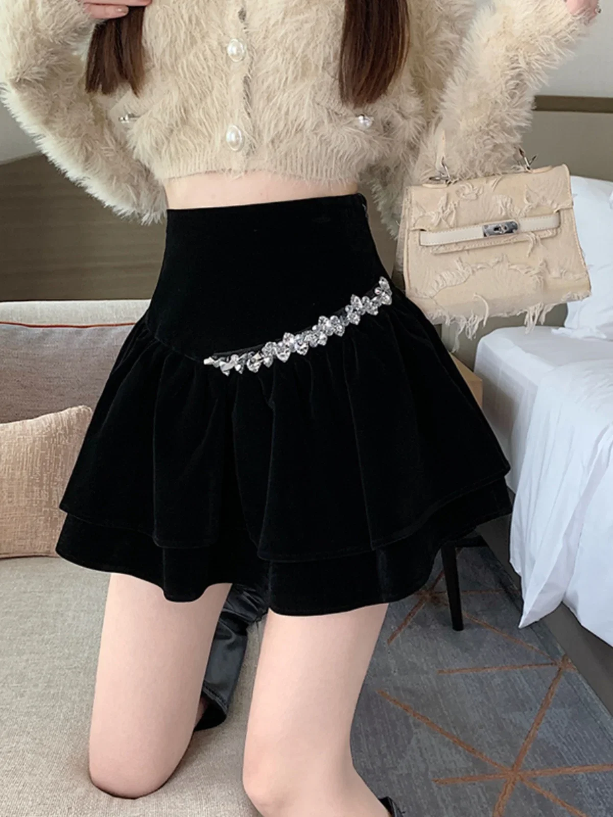 

Velvet Puffy Skirt Pure Desire Easiest for Match Fall and Winter New Arrival Small High Waist Slim Looking Cake Skirt ZT54
