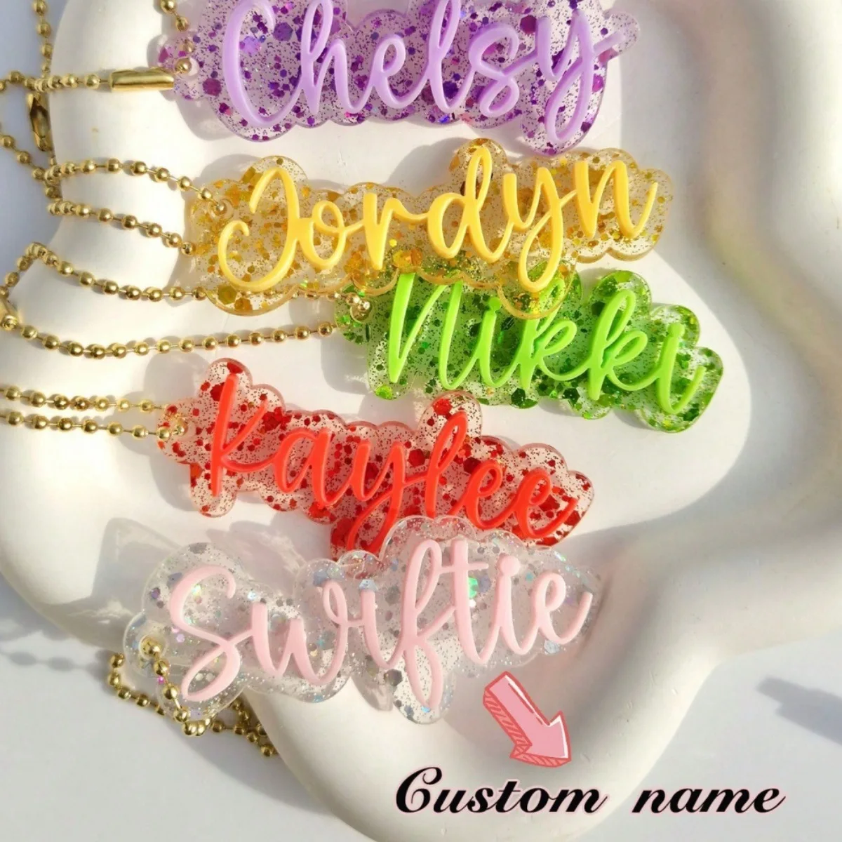 

Cute Personalized Name Text Nameplated Bead Chain Keyring Backpack Keychain Women Girls Customized Acrylic 3D Names Key Chain