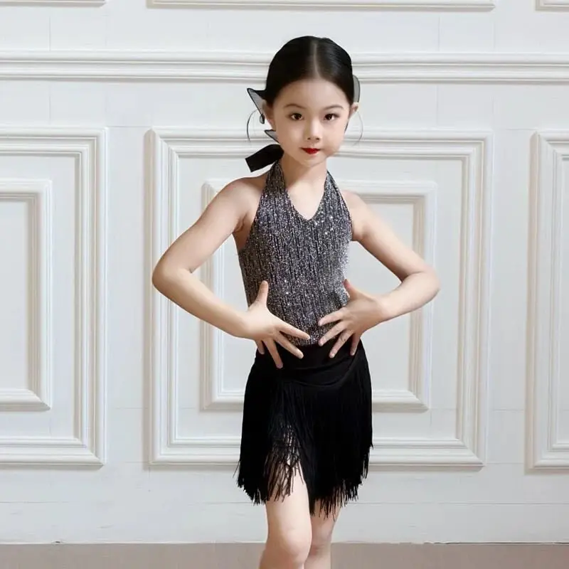 

Girl Balck Glitter Professional Latin Dance Dress Kids Tassels Cha-cha Ballroom Salsa Samba Dancewear Stage Outfits Costume