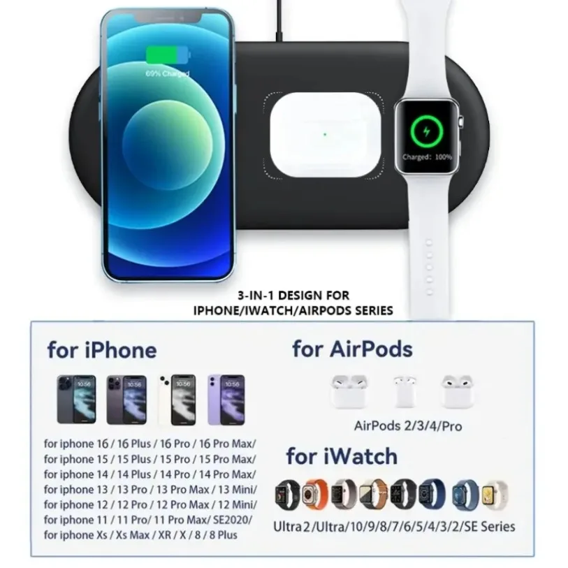 3 في 1 شاحن الهاتف اللاسلكي لوحة سطح المكتب 30 واط حامل شحن سريع آيفون 12 13 14 15 16 Samusng S22 iWatch Airpods Pro